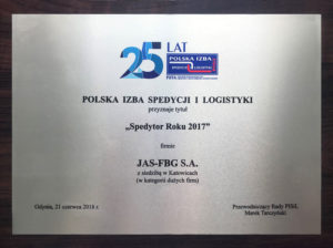 Plakieta Spedytor Roku 2017 dla JAS-FBG S.A. przyznana przez PISiL