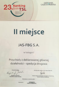 Dyplom Dziennika Gazeta Prawna za 2 miejsce w rankingu firm TSL