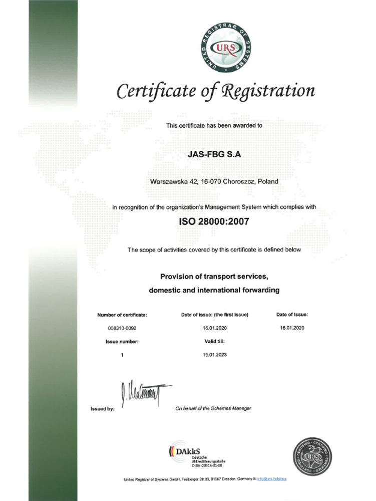 Certyfikat URS ISO 28000 Choroszcz en